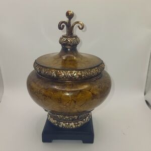 Vintage Hollywood Regency Lidded Urn Box Marbled Gold Brown Trinket Decor